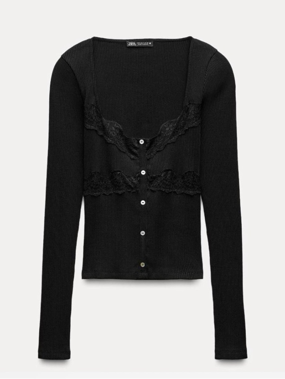 Zara Black Ribbed Lace-Trim Button-Up Top